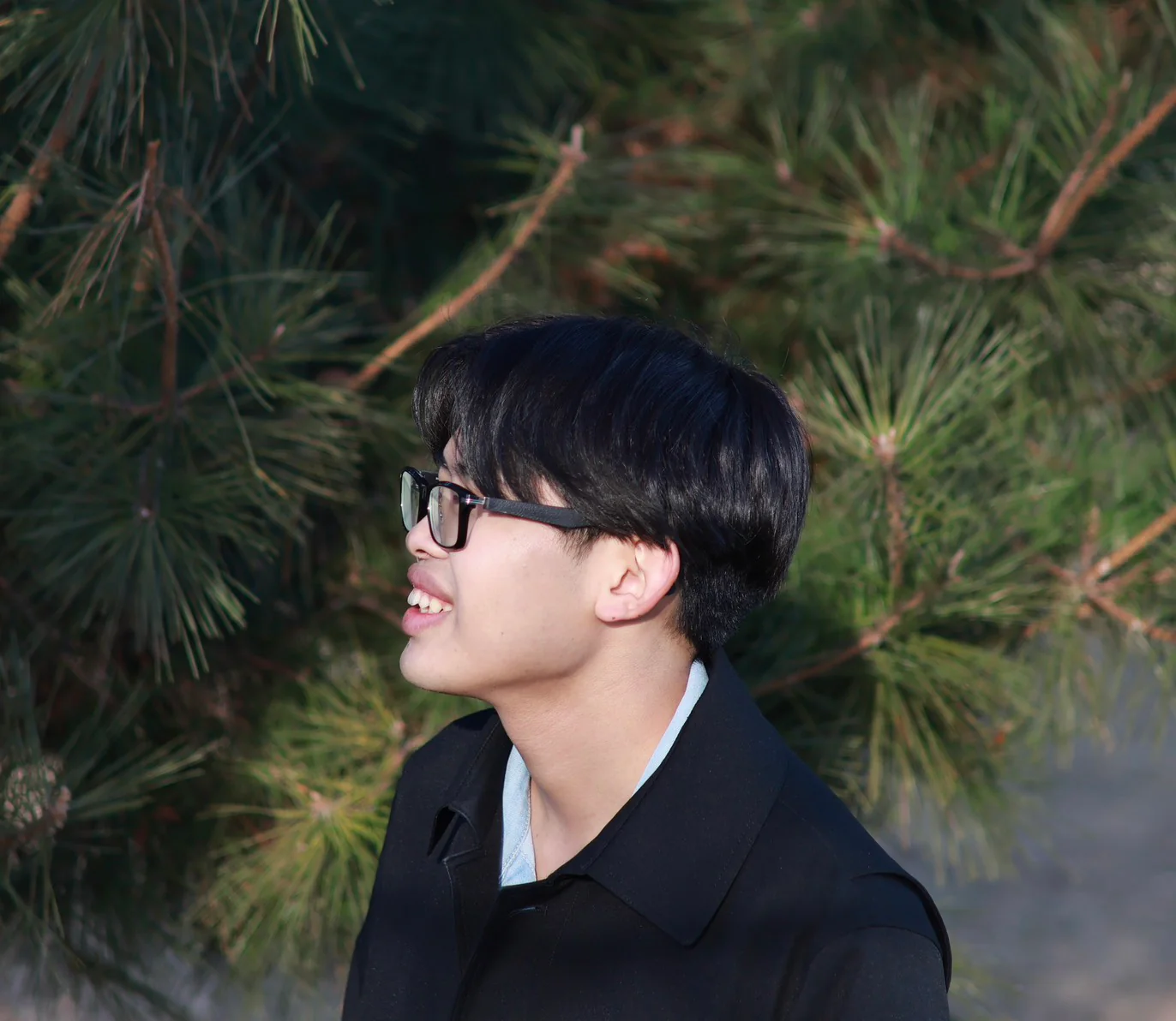松の木を背景に横を向くYuto Matsui