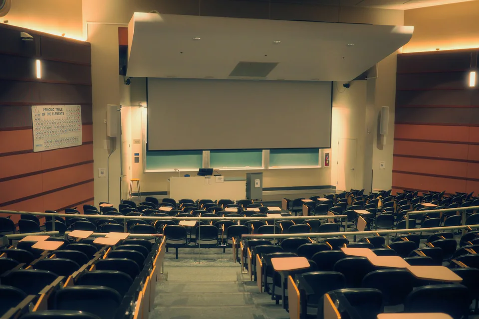 University lecture hall with tiered seating